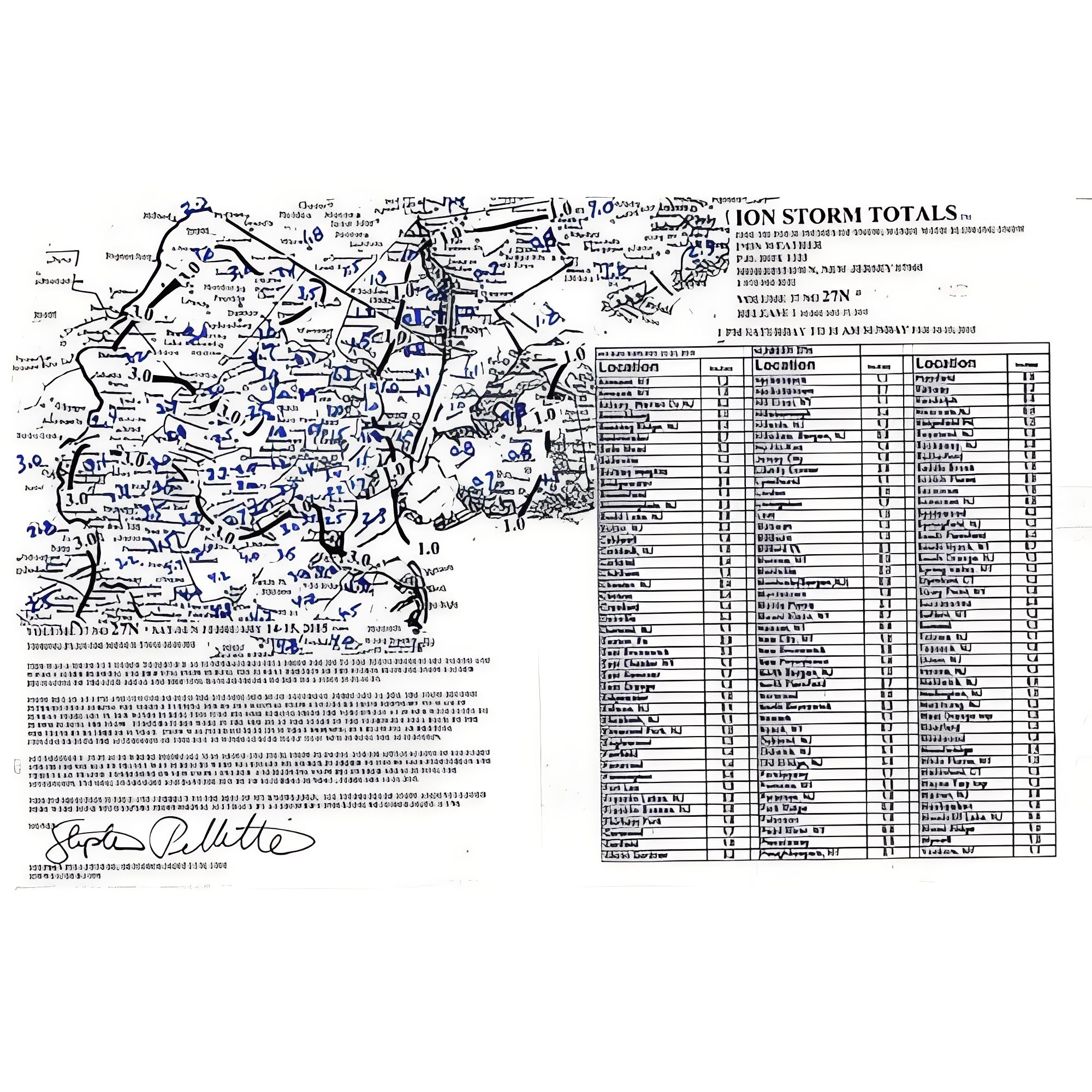 Handwritten storm data on map